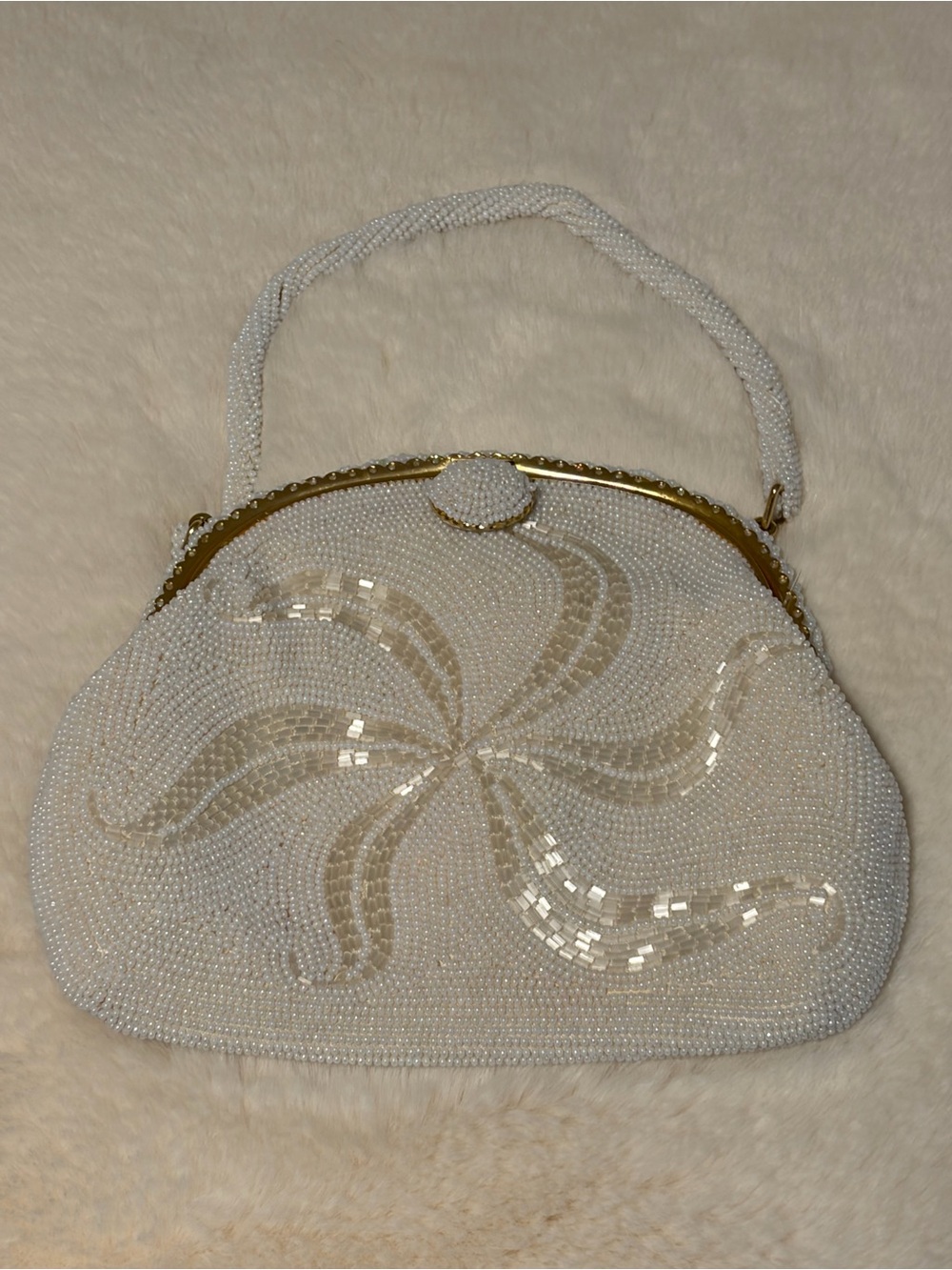 Vintage White Beaded Evening Handbag with Gold Trim